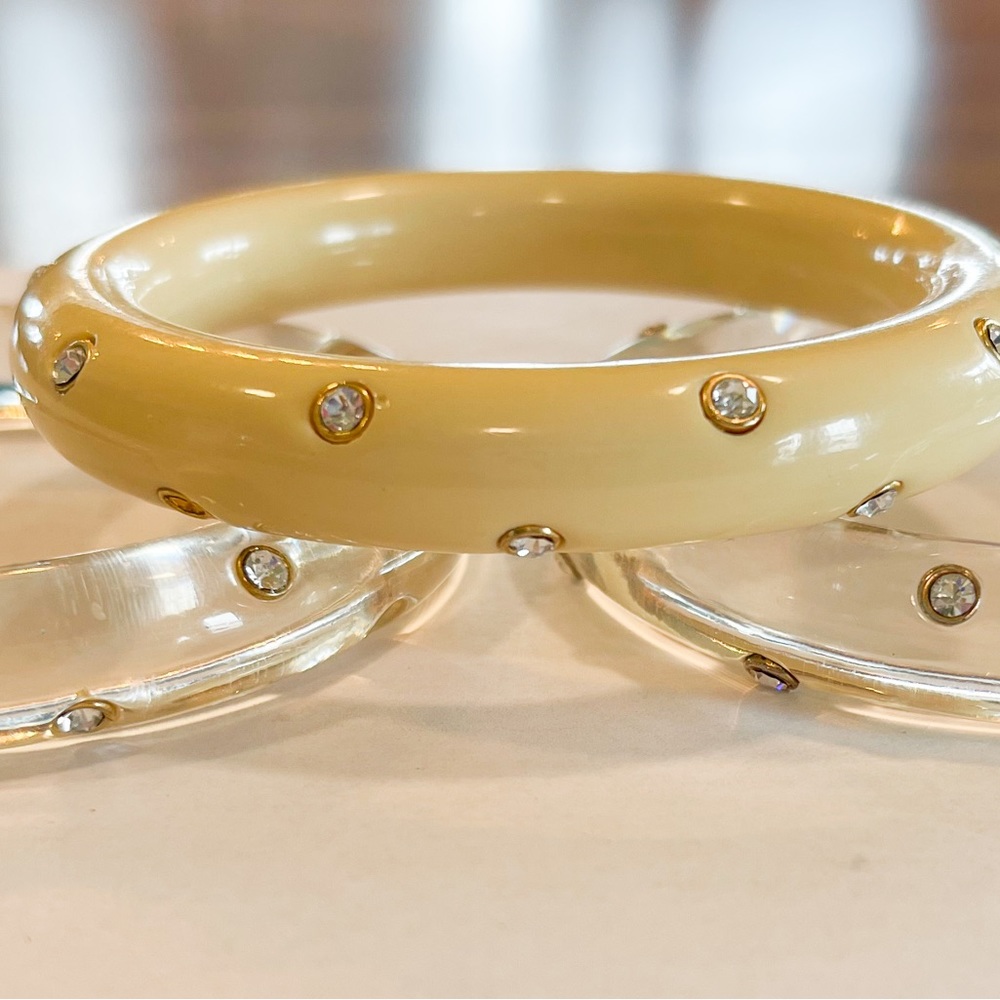 3 Vintage Cream and clear plastic rhinestones statement bangle brackets.